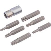 Draper TX-STAR Bit and Bit Holder Set, 7 silver steel pieces with hexagonal ends and a cylindrical holder.