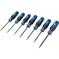 Draper Expert 7-piece screwdriver set with blue and black handles, diamond-tipped blades in varying sizes.