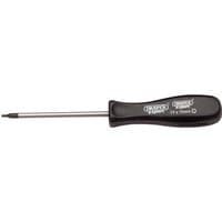 Black-handled Draper TX-STAR screwdriver, T7 x 75mm, with a chrome shaft and precision star tip.