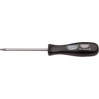 Black-handled Draper TX-STAR T9 x 75mm screwdriver with chrome shaft and precision tip.