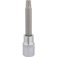 Draper TX-STAR socket bit, 1/2" square drive, T50 x 100mm, silver with a hexagonal shaft and cylindrical base.