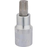 Silver Draper TX-STAR socket bit, 1/2" square drive, T55 x 55mm, with a knurled grip and polished finish.