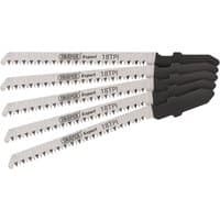 Draper Expert DT101AO jigsaw blade set, 83mm, 5 pieces with silver blades and black shanks, 18TPI marking.