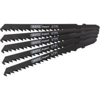 Black Draper Expert jigsaw blade set, 5 pieces, 100mm length, 6 TPI teeth, stacked and angled display.