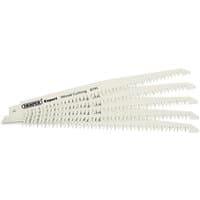 Pack of five white Draper Expert 150mm 6tpi bi-metal reciprocating saw blades for wood cutting, serrated edges.