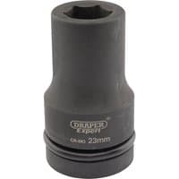 Black Draper Expert deep impact socket, 1" square drive, 23mm, with HI-TORQ 6-point design and engraved branding.