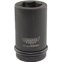 Black Draper Expert deep impact socket, 1" square drive, 33mm size, with HI-TORQ 6 point design and engraved branding.