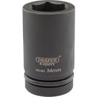 Black Draper Expert HI-TORQ deep impact socket, 1" square drive, 34mm size, with engraved branding and specifications.