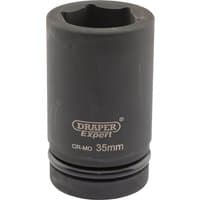 Black Draper Expert deep impact socket, 1" square drive, 35mm size, with HI-TORQ 6-point design and branded logo.