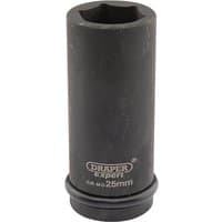 Black Draper Expert deep impact socket, 3/4" square drive, 25mm, with HI-TORQ 6-point design and engraved branding.