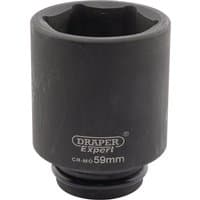 Black Draper Expert deep impact socket, 3/4" square drive, 59mm size, with HI-TORQ 6-point design and logo on side.