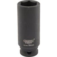 Black Draper Expert deep impact socket, 3/8" square drive, 18mm size, with HI-TORQ 6-point design and engraved branding.