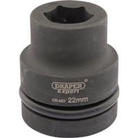 Black Draper Expert HI-TORQ 6 Point Impact Socket, 1" square drive, 22mm, with engraved branding and size details.