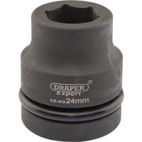 Black Draper Expert HI-TORQ 6 Point Impact Socket, 1" square drive, 24mm size, with branding and size etched on side.