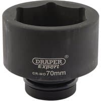 Black Draper Expert HI-TORQ 6 Point Impact Socket, 1" square drive, 70mm size, with brand logo and size marking.