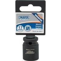 Black Draper Expert 17mm HI-TORQ 6 Point Impact Socket with 3/8" square drive, labeled packaging.