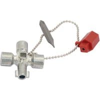 Silver Draper Expert utility key with four-way cross design, chain, and red plastic cover.