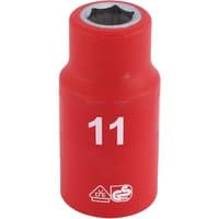 Red Draper Expert VDE socket, 1/2" square drive, 11mm size, with safety symbols and white "11" marking.
