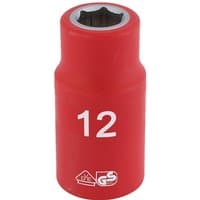 Red Draper Expert VDE socket, 1/2" square drive, 12mm size, with white "12" marking and safety certification logos.
