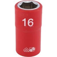Red Draper Expert VDE socket, 1/2" square drive, 16mm size, with white "16" marking and safety certification symbols.