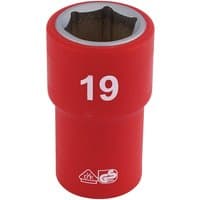 Red Draper Expert VDE socket, 1/2" square drive, 19mm size, with white "19" marking and insulated design.