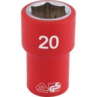 Red Draper Expert VDE socket, 1/2" square drive, 20mm size, with white "20" marking and safety certification logos.