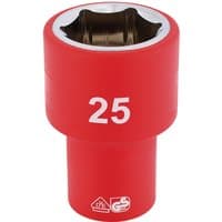 Red Draper Expert VDE socket, 1/2" square drive, 25mm size, insulated with white number "25" printed on the side.
