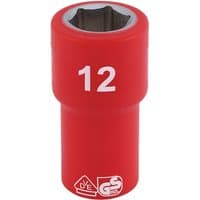 Red Draper Expert VDE socket, 1/4" square drive, 12mm size, with white "12" marking and safety certification logos.