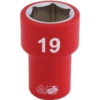 Red Draper Expert VDE socket, 3/8" square drive, 19mm size, with white "19" marking and insulated design.