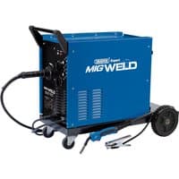 Blue Draper Expert MIG Welder, 180A, with wheels, handle, and attached welding torch.