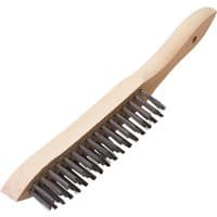 Wood-handled wire scratch brush with three rows of stiff metal bristles, 310mm length, hole for hanging.