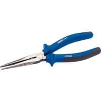 Blue and silver Draper Expert long nose pliers with soft grip handles, 200mm length.