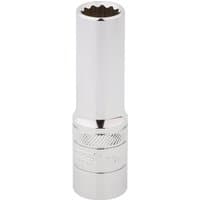 Silver Draper Expert deep socket, 12-point, 1/2" square drive, 13mm, with a polished finish and knurled grip.