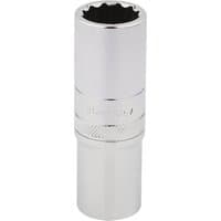Silver Draper Expert deep socket, 12-point, 1/2" square drive, 18mm, with knurled grip and polished finish.
