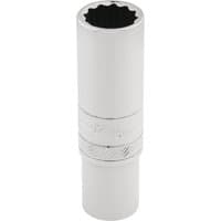 Silver Draper Expert deep socket, 12-point design, 3/8" square drive, 12mm size, with knurled grip band.