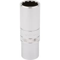 Silver Draper Expert deep socket, 12-point, 3/8" square drive, 16mm, with knurled grip and polished finish.