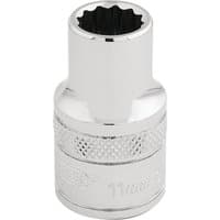 Draper Expert 12-point socket, 1/2" square drive, 11mm, shiny chrome finish with knurled grip and engraved size marking.
