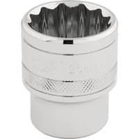 Silver Draper Expert 12-point socket, 1/2" square drive, 25mm, with knurled grip and polished chrome finish.