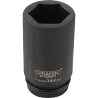 Black Draper Expert deep impact socket, 3/4" square drive, 34mm size, with HI-TORQ 6-point design and engraved branding.