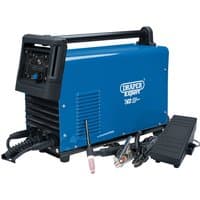 Blue Draper Expert TIG/MMA welder with black control panel, handle, and cables, model Dti, 200A.