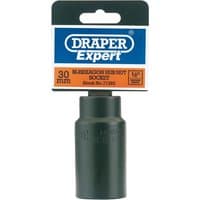 Black Draper Expert hub nut impact socket, 1/2" square drive, 30mm size, with branded packaging card on top.