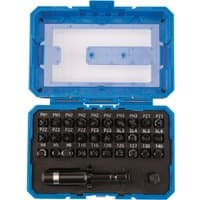 Blue plastic case with 32-piece Draper Expert impact screwdriver bit set, including various bits and a black handle.