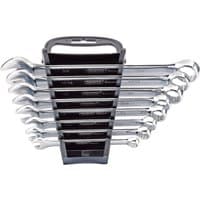 Draper Expert 8-piece silver combination spanner set with black plastic holder, various sizes neatly stacked.