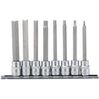 Draper Expert 8-piece long metric hex socket bit set, 3/8" square drive, 100mm length, silver finish, on a black holder.
