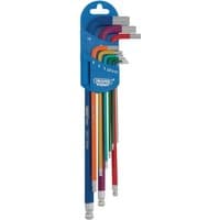 Colored Draper Expert hex and ball end key set, 9 pieces, extra long, in a blue holder with visible size markings.