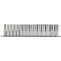 Silver Draper Expert 15-piece metric deep socket set on metal rail, 1/2" square drive, neatly aligned.
