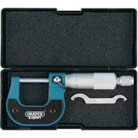 Blue and silver Draper Expert micrometer, 0-25mm range, in black foam-lined case with adjustment tool.