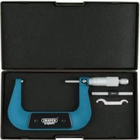 Blue and silver Draper Expert metric micrometer, 75-100mm range, in black case with adjustment tools.