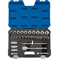 Blue and black Draper Expert metric socket set with 30 pieces in a sturdy plastic case.