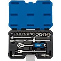 Draper Expert 20-piece metric socket set with blue case, includes ratchet, sockets, and extensions in molded tray.